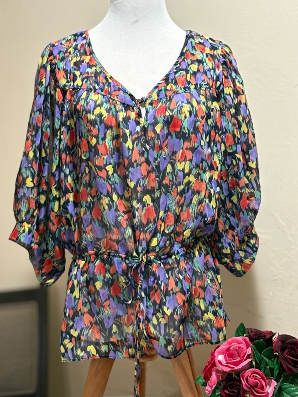 Lily Black Multicolor Brushstroke Floral V-Neck Tie-Waist Tunic